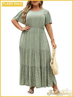 Plus Size Maxi Dress Boho Flowy Ruffle Sleeve High Waist Pockets